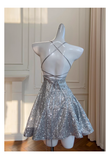 Fashion Silvery Spaghetti Strap A-line Sequin Party Dresses Homecoming Dresses, HZ1024
