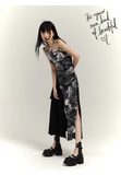 Fashion Black & White Ink Artistic Sense Irregular Design Spaghetti Strap Dress HZ1024