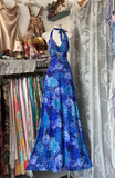 Vintage Navy Blue Floral V-neck Halter Dress Elegant A-Line Long Evening Dress Prom Dresses HZ1024