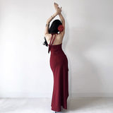 Retro Burgundy/Black Halter-neck 3D Flower Sheath High Slit Long Summer Dresses Prom Dress Evening Dress HZ1024