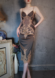 Retro Brown V-neck Beaded Spaghetti Strap Appliqued Design Elegant Satin Evening Dress Prom Dress HZ1024