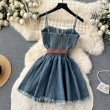Fashion Women Sleeveless With Belted Waist Denim Corset Dress HZ1024