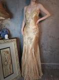 Retro Golden V-neck Sparkling Beaded Backless Design Elegant Satin Evening Dress Prom Dress HZ1024