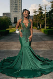 Vintage Dark Green Glittering Beaded Prom Dress Halter-neck Evening Gown Mermaid Party Dress Long Formal Dress HZ1024