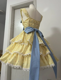 Cute Yellow Floral Lace Hem Design Tiered Party Dress Homecoming Dress HZ1024