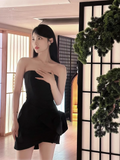 Elegant Black Strapless Bow Design A-line Satin Party Dress Homecoming Dress HZ1024