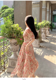New Fashion Pink Floral Design Short Sleeves V-neck A-Line Women Long Dress HZ1024