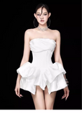 Cute White Strapless Ruffled Hem Design A-line Satin Party Dress Homecoming Dress HZ1024