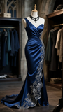 Vintage Royal Blue Embroidery Evening Gown Mermaid One-shoulder Party Dress Long Formal Dress HZ1024