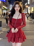 Vintage Burgundy Lace Long-sleeve A-Line Tiered Homecoming Dress Party Dress Cocktail Dress HZ1024
