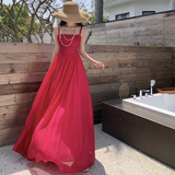 New Elegant Stylish Rose Red High-waisted Spaghetti Strap Dress HZ1024