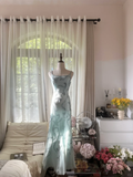 Retro Light Green Sparkling Beaded Spaghetti Strap Design Elegant Chiffon Evening Dress Prom Dress HZ1024