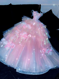 Sparkling Elegant Pink A-Line Tiered Prom Dress Evening Dress Ball Gown HZ1024