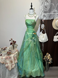 Vintage Green A-Line Beaded Spaghetti Strap Evening Dress A-Line 3D Flowers Long Prom Dress HZ1024