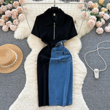 New Fashion Two-tone Jean And Black Polo Dress HZ1024