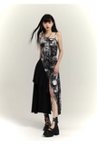 Fashion Black & White Ink Artistic Sense Irregular Design Spaghetti Strap Dress HZ1024