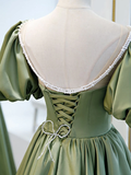 Retro Green Sweetheart Short-sleeved Lace-up Design A-line Satin Party Dress Homecoming Dress HZ1024