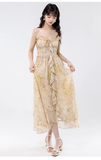 Vintage Yellow Ruffled Hem Floral Design Elegant A-line Spaghetti Strap Dress HZ1024