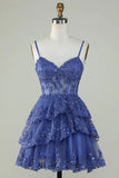 Gorgeous Navy Blue Sequined Corset Design A-line Spaghetti Strap Homecoming Dress HZ1024