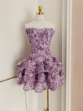 Vintage Purple 3D Flowers Strapless A-line Tulle Short Party Dress Homecoming Dresses HZ1024