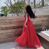 New Elegant Stylish Rose Red High-waisted Spaghetti Strap Dress HZ1024