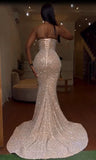 Gorgeous Strapless Prom Dress Glittering Beaded Evening Gown High Slit Party Dress Trailing Long Formal Dress HZ1024