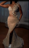 Gorgeous Strapless Prom Dress Glittering Beaded Evening Gown High Slit Party Dress Trailing Long Formal Dress HZ1024