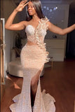 Gorgeous Strapless Prom Dress Glittering Beaded Evening Gown High Slit Party Dress Trailing Long Formal Dress HZ1024