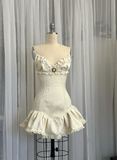 Vintage Beige Spaghetti Strap A-line Satin Lace-up Short Party Dresses Homecoming Dress HZ1024