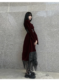 Elegant Fashion Red Velvet Irregular Dress Edge Design Gothic style party High-waisted Long-sleeved Dress HZ1024
