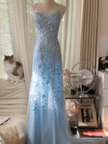 Retro Light Blue Applique Backless Design Romantic Chiffon Evening Dress Prom Dress HZ1024