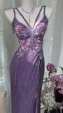 Vintage Gorgeous Purple V-neck Sparkling Romantic Luxury Spaghetti Strap Evening Dress Prom Dresses HZ1024