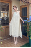 Simple Fashion White Sleeveless Design Beach Holiday A-line with Belt Jacquard Halter Dress HZ1024