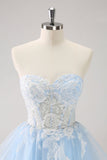 New Fashion Light Blue Flower Embroidery Design A-line Spaghetti Strap Homecoming Dress HZ1024