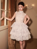 Vintage Beige Applique Design A-line Lace Short Tiered Party Dress Homecoming Dresses HZ1024