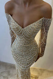 Vintage Champagne Prom Dress Glittering Beaded Sequin Evening Off-the-shoulder Party Dress Long Formal Dress HZ1024