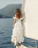 Elegant White Ruffles Prom Dress Off-the-shoulder Evening Gown Party Dress Long Formal Dress HZ1024