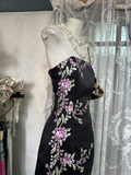 Vintage Black Floral Strapless Design Elegant Sheath Satin Long Evening Dress Prom Dresses HZ1024
