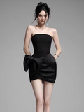 Elegant Black Strapless Bow Design A-line Satin Party Dress Homecoming Dress HZ1024