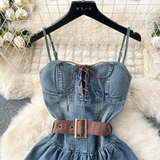 Fashion Women Sleeveless With Belted Waist Denim Corset Dress HZ1024
