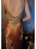 Vintage Champagne Sparkling Beaded Spaghetti Strap Design Elegant Satin Evening Dress Prom Dress HZ1024