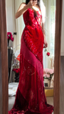 Vintage Red Sparkling Sequin Spaghetti Strap Design Elegant Chiffon Evening Dress Prom Dresses HZ1024
