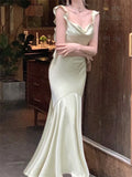 Vintage Sage Green Ruffle Mermaid Satin Long Prom Dress Party Dress Evening Dress HZ1024