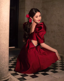 Vintage Burgundy A-Line Homecoming Dress Beaded Short Puff Sleeves Party Dress A-Line Cocktail Dress HZ1024