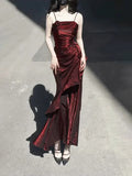 Vintage Burgundy Spaghetti Strap Ruffle Design Elegant A-line Evening Dress Prom Dress HZ1024
