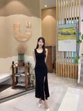 New Fashion Black Sleeveless Elegant Split Spaghetti Strap Dress HZ1024