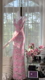 Vintage Gorgeous Pink Floral V-neck Applique Elegant Chiffon Long Evening Dress Prom Dresses HZ1024