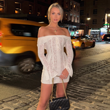 Vintage White Lace Off-the-shoulder Sheath Long-sleeved Short Summer Dresses Party Dress Homecoming Dress HZ1024