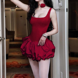 Vintage Burgundy Square-neck A-Line Ruffles Short Summer Dresses Party Dress Homecoming Dress HZ1024