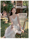 New Fashion White Floral Design Lace A-line V-neck Spaghetti Strap Dress HZ1024